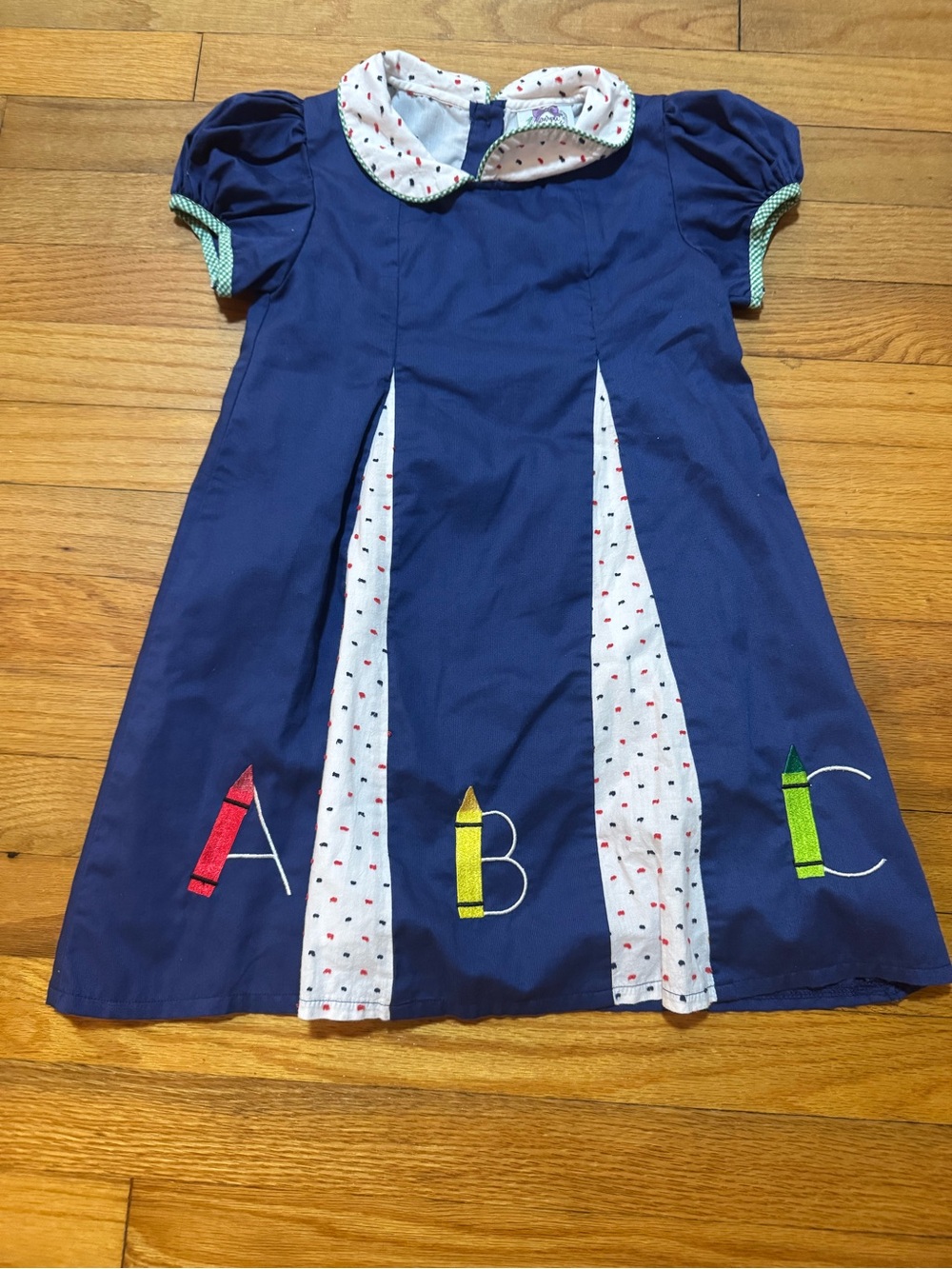 Navy ABC Appliqué Girls Dress with Polka Dot Insets